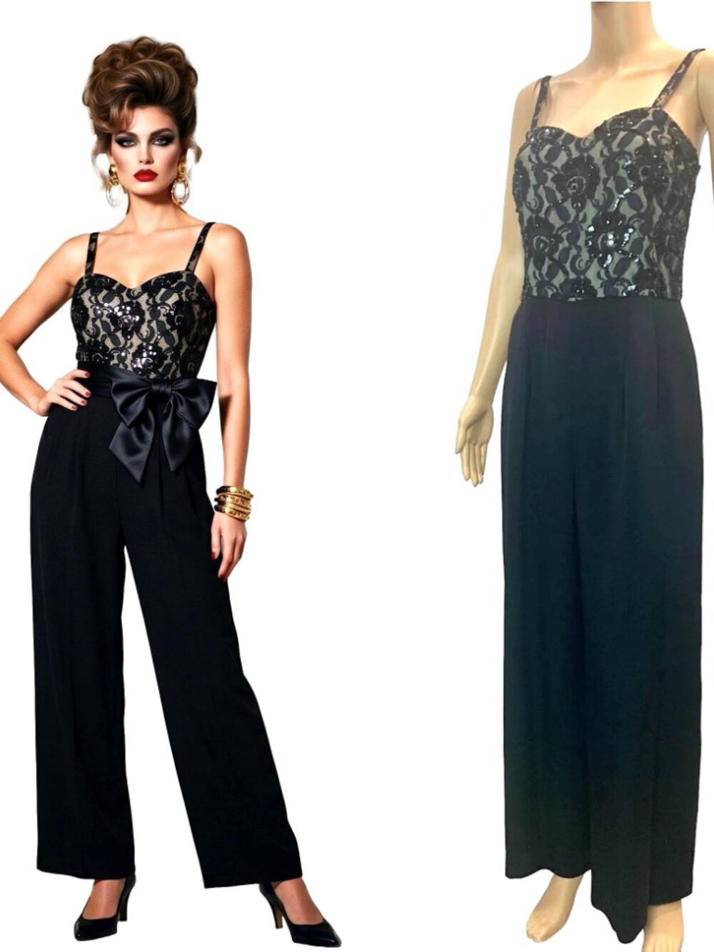 Vintage 80s Nolan Miller Black Jumpsuit w Lace Beads and Sequins | XSmall